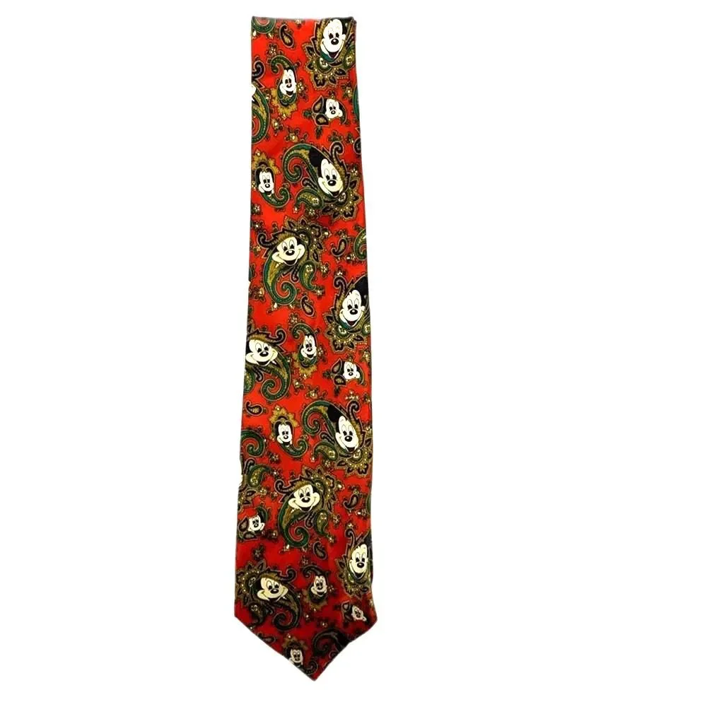 Disney Balancine Inc. Red Green Gold Mickey Mouse Paisley Print 100% Silk Tie